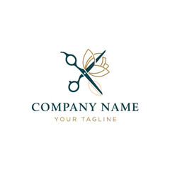 Elegant logo design featuring scissors, a delicate flower, and company branding.