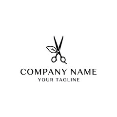 Elegant black and white logo featuring scissors with a green leaf, symbolizing natural beauty, organic salon, or eco-friendly hair care business.