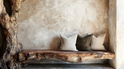 A rustic wooden bench adorned with three cozy pillows, set against a textured wall that gives a natural, inviting atmosphere for relaxation.