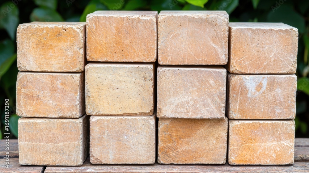 Poster a stack of square bricks with a rough texture and light brown color.