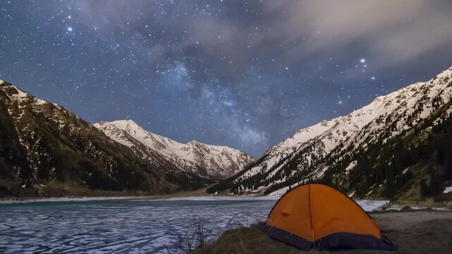 Night timelapse of the big almaty lake in mountains with the tent in front