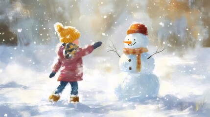 雪の中の雪だるまを作る赤いジャケットを着た子供と黄色の帽子 明るい日の暖かい雰囲気