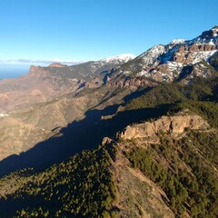 Mountainous landscape, snow-capped peaks, valleys, and forests
