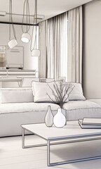 Illustration 3D rendering large luxury modern bright interiors Living room mockup computer digitally generated image