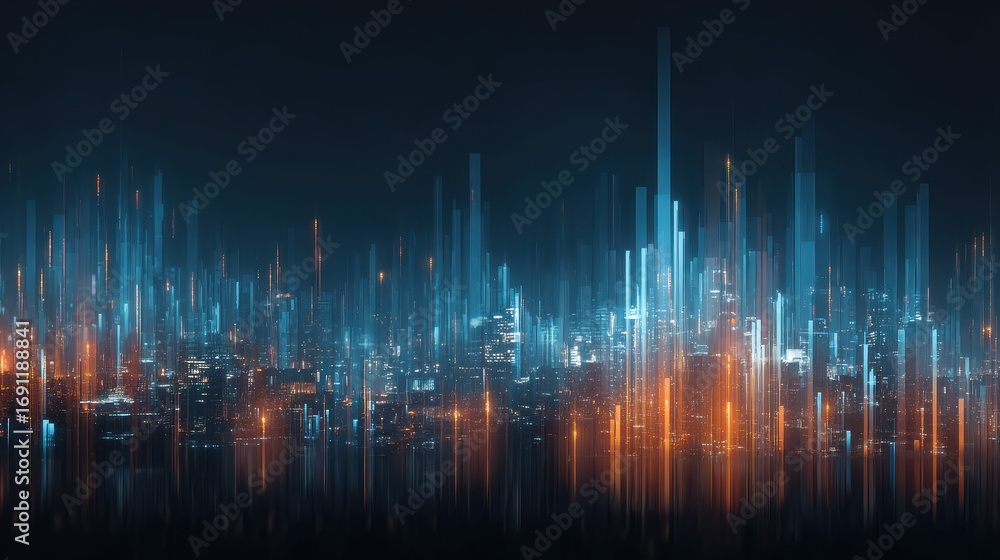 Aufkleber big data visualization concept with glowing digital growing graphs at abstract city background doubl