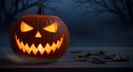 A spooky jack-o'-lantern with a sinister grin sits on a wooden surface.