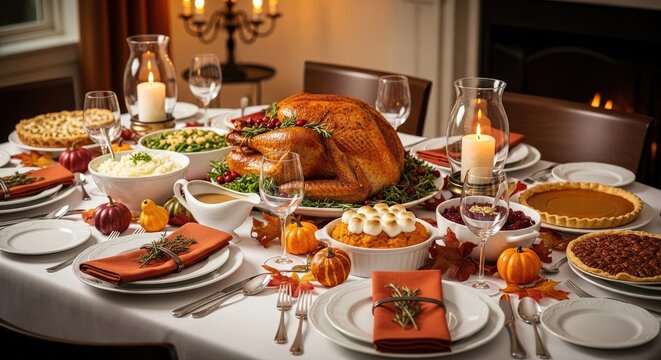 Thanksgiving dinner table with turkey, side dishes, and desserts.