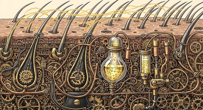 Steampunk Hair Follicle Mechanism with Golden Elixir