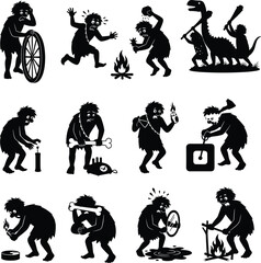Funny caveman silhouettes discovering inventions, fire, wheel, and tools, engaging in prehistoric activities with dinosaurs in black vector style.
