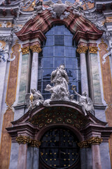 Ultrawide view of frescoed ceiling and ornate altar in Baroque Asamkirche, Munich. Ultrabreiter Blick auf bemalte Decke und verzierten Altar in der barocken Asamkirche, M&uuml;nchen.