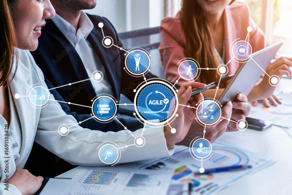 Poster business professionals collaborate in a modern office setting, showcasing agile methodology through 