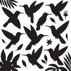 Obraz premium Black hummingbirds and foliage silhouettes flying wings spread
