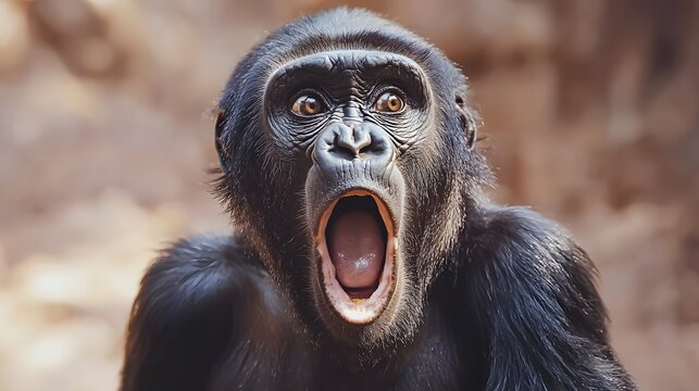 A close-up, impactful portrait of a Western lowland gorilla in a moment of open-mouthed surprise, with intense eyes that convey awe and wonder.