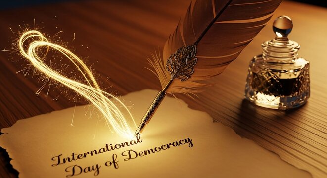 Luminous Quill Pen Scripting International Day of Democracy on Aged Parchment with Antique Inkwell.