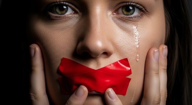 Silenced Tears - Close-up of a Woman with Red Tape Over Mouth, Expressing Pain and Oppression.