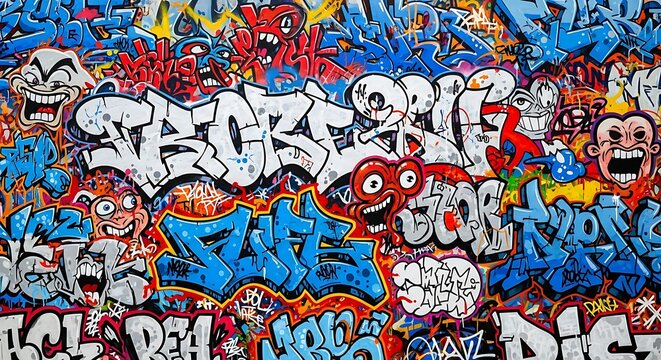 Vector art of vibrant and colorful graffiti art with cartoon characters and bold lettering covering a wall - Powered by Adobe