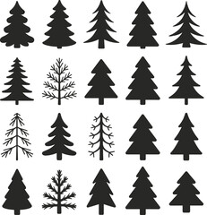 Black Christmas tree silhouettes set, festive holiday icons with natural pine tree shapes and winter seasonal decoration vector art