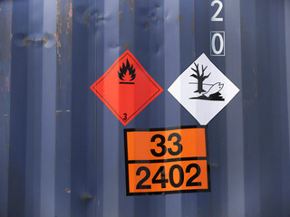 Blue shipping container with hazardous material warning labels and identification numbers