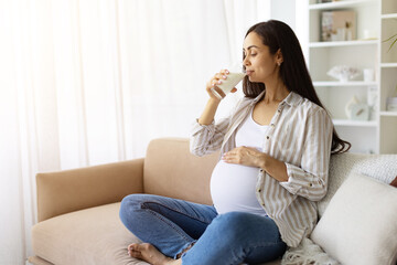 Fototapeta premium Pregnant woman at home drinking milk, hand resting on belly. Healthy lifestyle and prenatal nutrition portrait indoors with calm and bright atmosphere