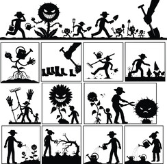 Gardener battling evil sunflower monster, gardening tools, planting, watering plants, protecting garden, garden work, nature fight, gardening story illustration.