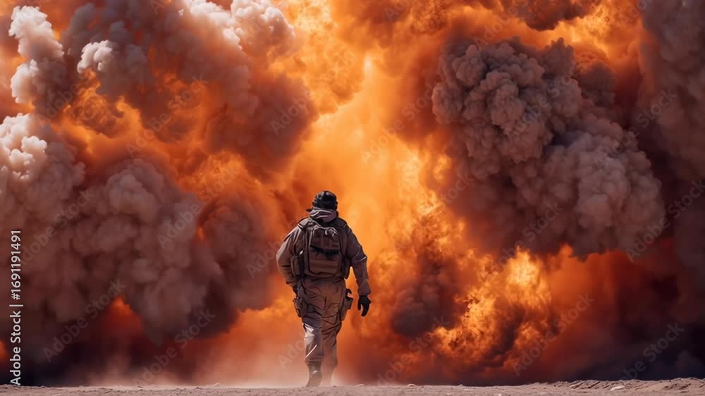 Poster A man is running through a cloud of smoke. The scene is intense and chaotic, with the man appearing to be in the middle of a battle. The smoke and fire create a sense of danger and urgency