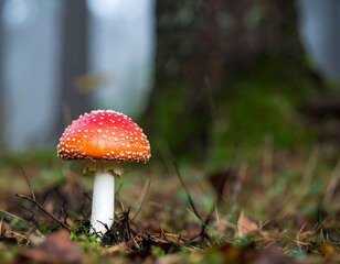 Poisonous mushroom in forest floor