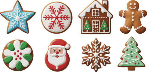 Christmas gingerbread cookies set – festive star, snowflake, house, Santa, gingerbread man, Christmas tree, colorful holiday cookie clipart vector