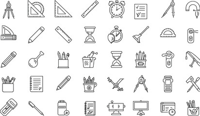 Collection of school and office stationery line icons including pencils, rulers, compasses, protractors, notebooks, stopwatches, hourglasses, drawing tools, and measurement symbols