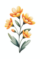 Yellow watercolor floral stem with hand paint leaves, botanical yellow flowers isolated.