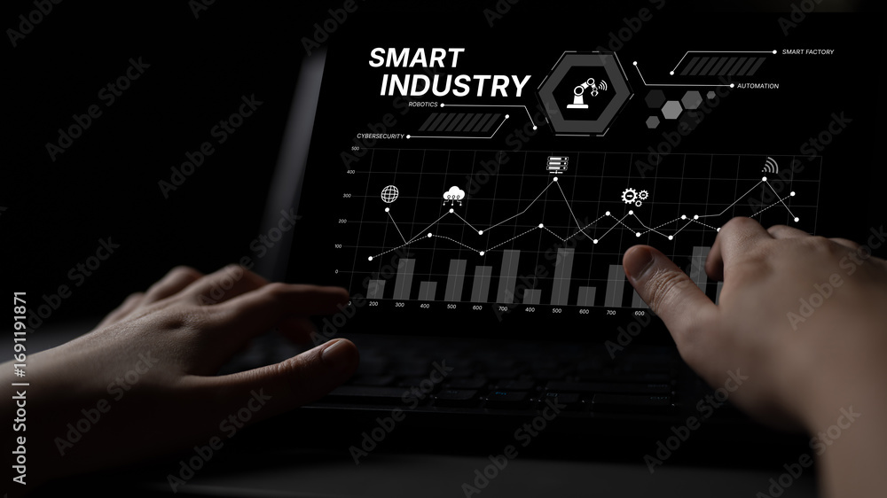 Aufkleber smart industry dashboard combining automation, robotics, cloud integration, cybersecurity, and data 