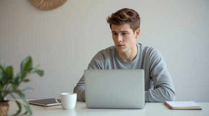 young man is sitting at his desk in a minimalist home office, looking at his laptop screen with a focused and determined expression. A cup of coffee and a notebook are on the desk.