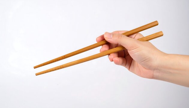 Hand holding wooden chopsticks on white background for sushi