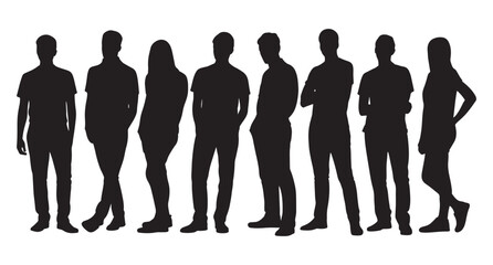 Silhouette of Diverse Group of People Standing in a Row Isolated on White Background
