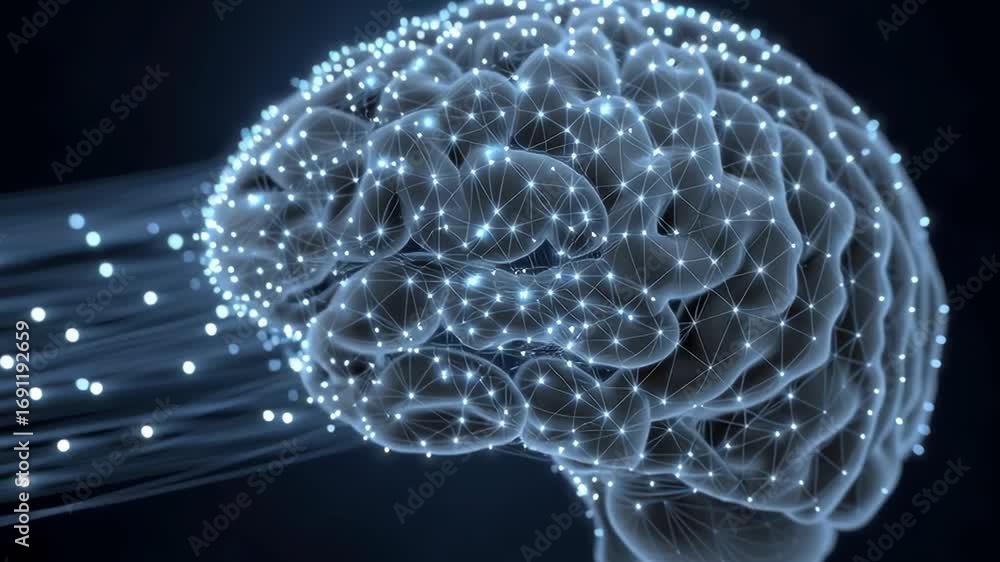 Poster a brain with a bunch of wires coming out of it. the wires are connected to a computer chip