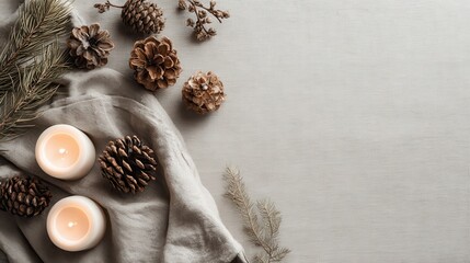 minimalist christmas hygge background with candles pinecones and linen napkins in scandinavian style perfect for seasonal design and cozy holiday projects