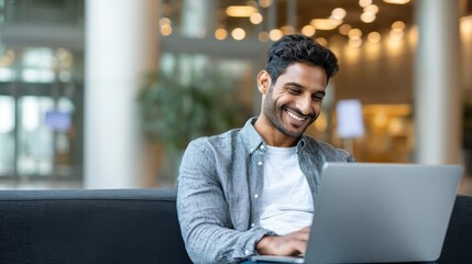 smiling indian businessman working on laptop in modern office lobby space young indian student using computer remote studying watching online webinar zoom virtual training on video call meeting no lo