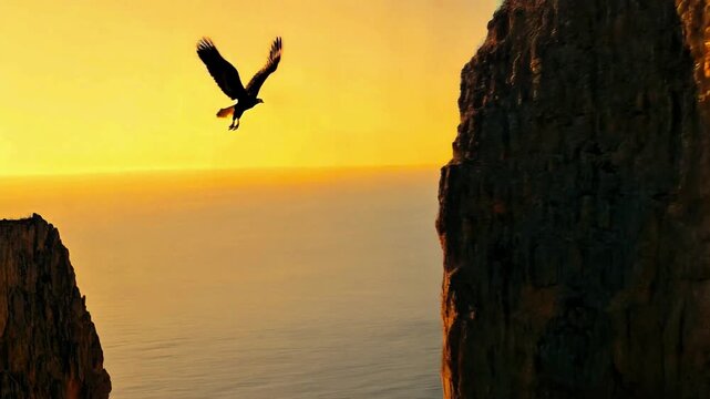 Silhouetted eagle flying between two towering cliffs over the ocean during a golden sunset. Symbolizing navigating challenges bridging gaps and soaring towards a new horizon of opportunity.