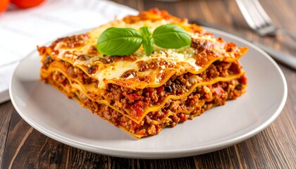 Homemade lasagna with cheese and basil on plate, Italian dish