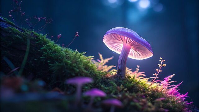 Single Purple Glowing Mushroom on Mossy Forest Ground