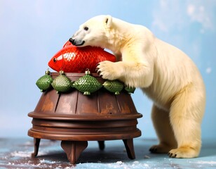 Polar bear cub with Christmas ornaments