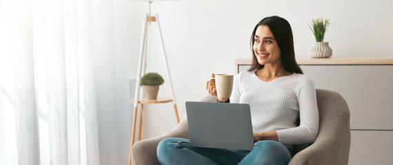 Favorite work at home, online study and self-isolation during COVID-19 outbreak. Happy relaxed...