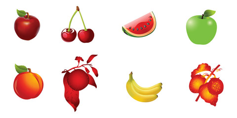 Vector set of hot red chili peppers and other ripe vegetables for fresh healthy food design. red apple, green apple, strawberry, banana