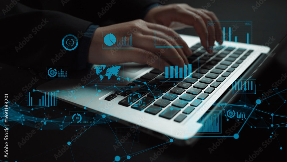 Poster a professional engages with a laptop in a sleek office, showcasing hands typing as digital graphs an