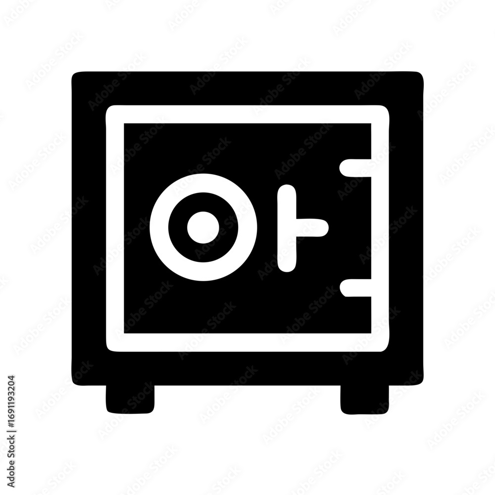 Poster a simple black and white illustration of a safe with a lock and handle on the front panel view