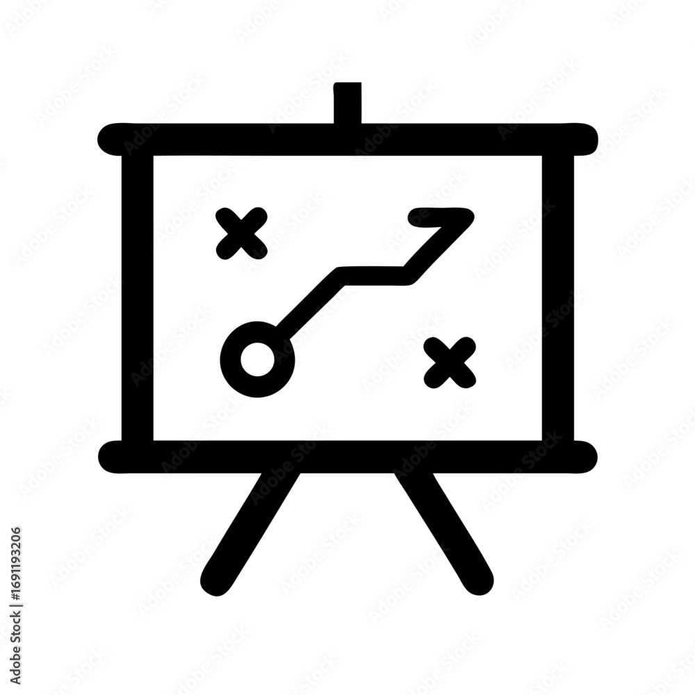 Poster presentation board displaying a strategic plan with an arrow and two x marks in a simple black outli