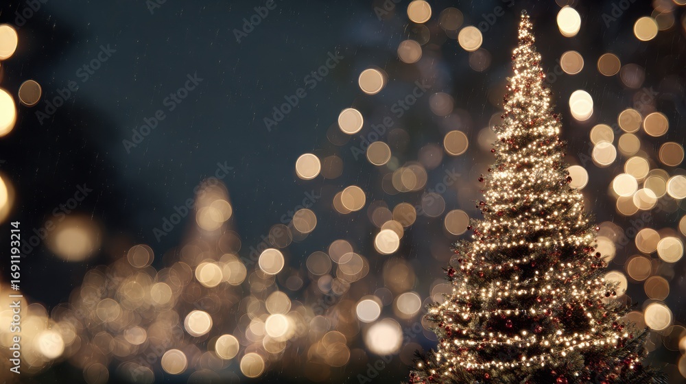 Poster brightly lit christmas tree with bokeh lights creating a festive atmosphere