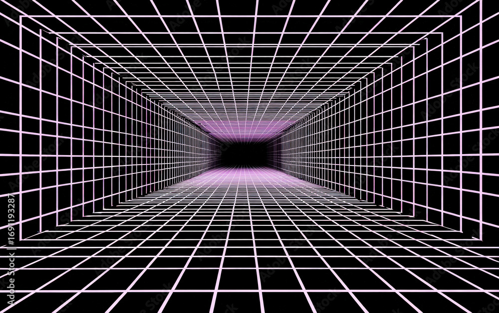 Poster retro-style grid tunnel with futuristic neon light effect