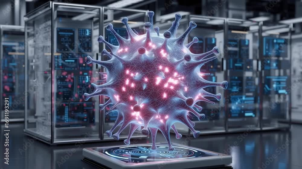 Poster a virus is displayed in a computer lab. the virus is glowing and has a time display on it