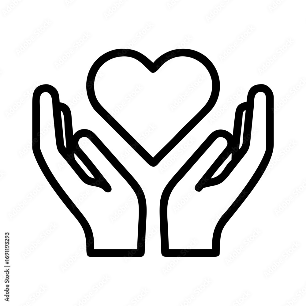 Poster two hands gently holding a heart shape in a protective gesture represented in a simple line art styl