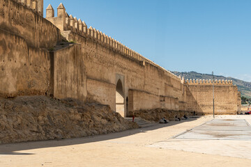 The imposing city walls surrounding Fes medina, Morocco